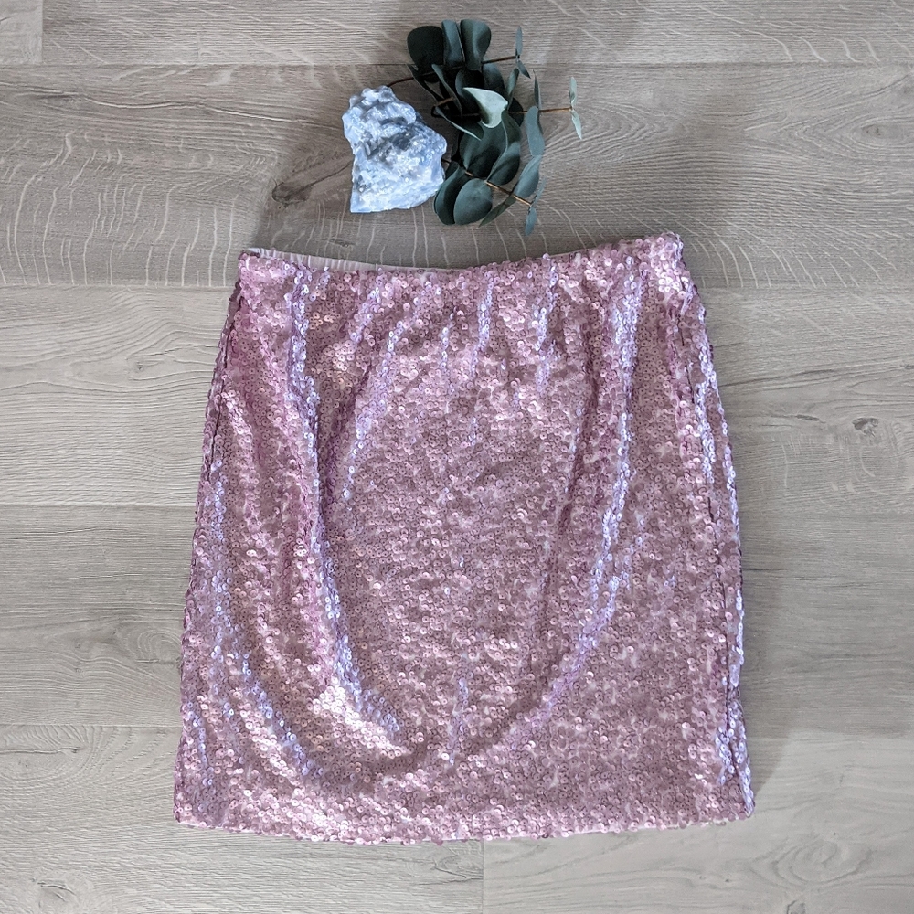 NY & Co Pink Sequin Miniskirt Stretch Waistband